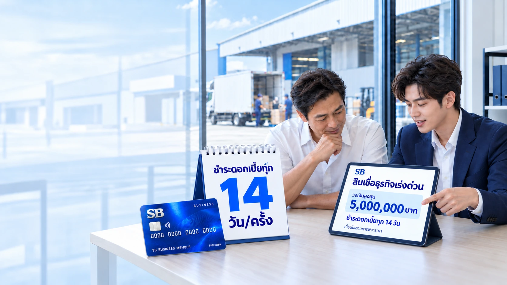 เจ้าของกิจการปรึกษาเจ้าหน้าที่สินเชื่อชายผ่านแท็บเล็ต แสดงวงเงินสูงสุด 5,000,000 บาท พร้อมบัตร SB สีน้ำเงินและปฏิทินชำระดอกเบี้ยทุก 14 วันต่อครั้ง เงื่อนไขตามการพิจารณา